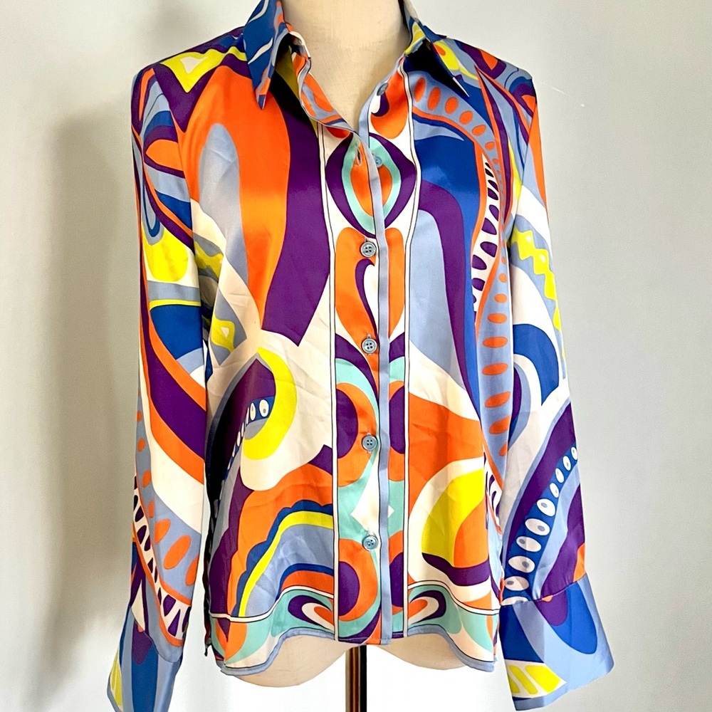 ZARA, Vibrant Long Sleeve, Multicolored Abstract Geometric Blouse, Size XSmall - Picture 6 of 11